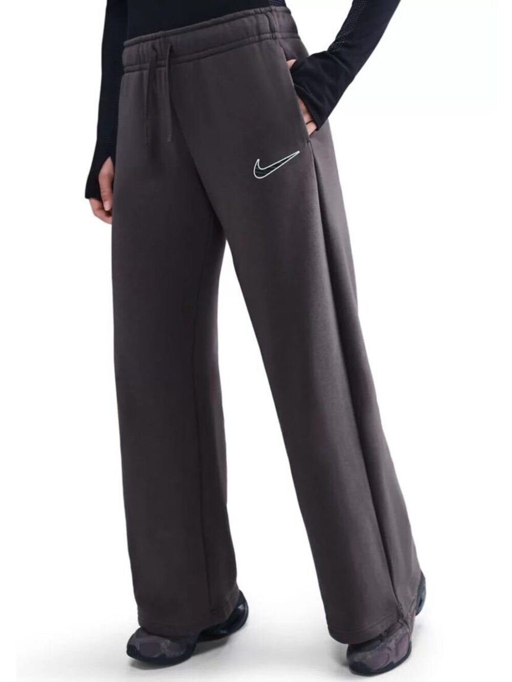Nike Women’s Wide Leg Fleece Sweatpants Charcoal Gray Aqua Swoosh Size L